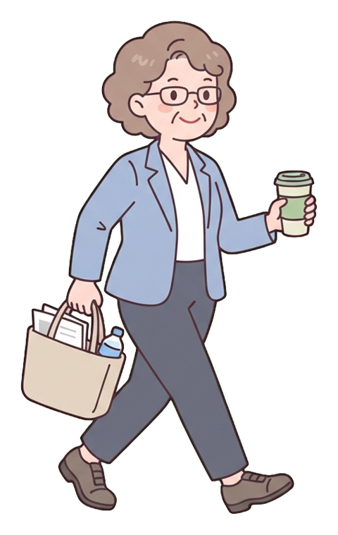 Simple cute flat cartoon illustration with soft pastel colors and thin clean dark outlines of a middle-aged woman, office worker walking briskly to work holding a bag and a coffee cup, transparent background PNG