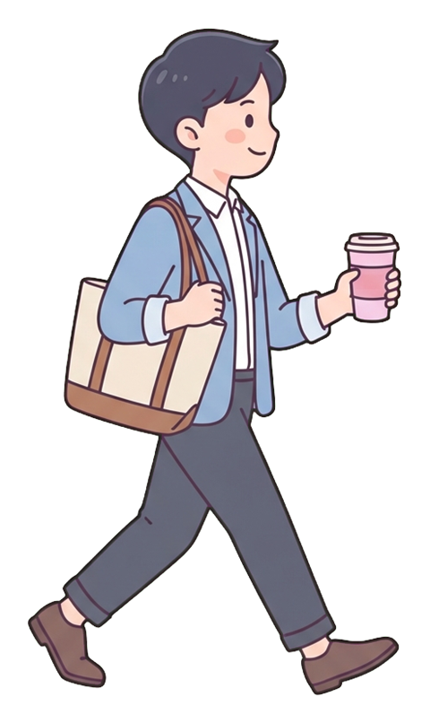 Simple cute flat cartoon illustration with soft pastel colors and thin clean dark outlines of a young man, office worker walking briskly to work holding a bag and a coffee cup, transparent background PNG