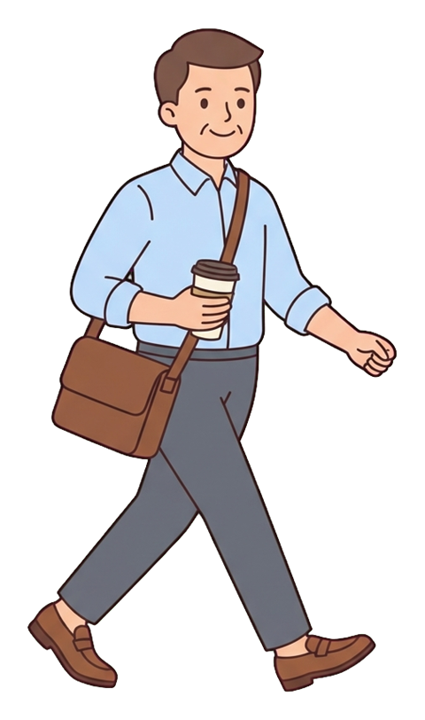Simple cute flat cartoon illustration with soft pastel colors and thin clean dark outlines of a middle-aged man, office worker walking briskly to work holding a bag and a coffee cup, transparent background PNG