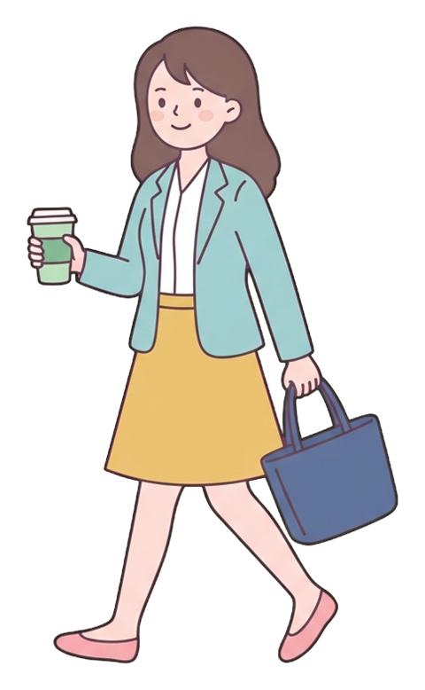Simple cute flat cartoon illustration with soft pastel colors and thin clean dark outlines of a young woman, office worker walking briskly to work holding a bag and a coffee cup, transparent background PNG