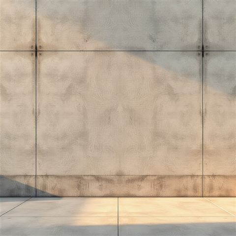 Photorealistic photo of A minimalist raw gray concrete wall surface with natural weathering and texture, centered subject with a simple uncluttered composition, warm golden light, calm mood, 1:1 aspect ratio