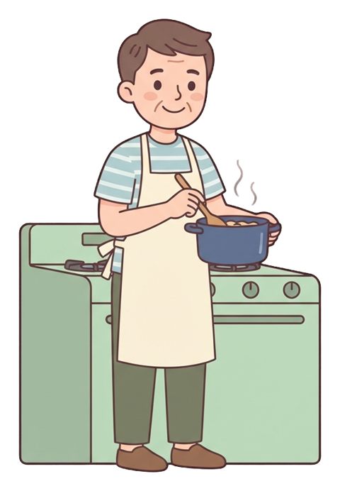 Simple cute flat cartoon illustration with soft pastel colors and thin clean dark outlines of a middle-aged man, person cooking at a stove stirring a pot, wearing an apron, transparent background PNG