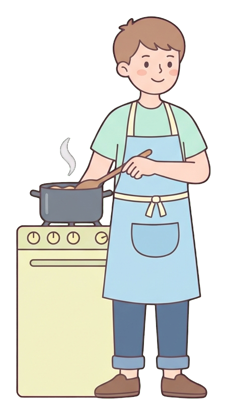 Simple cute flat cartoon illustration with soft pastel colors and thin clean dark outlines of a young man, person cooking at a stove stirring a pot, wearing an apron, transparent background PNG
