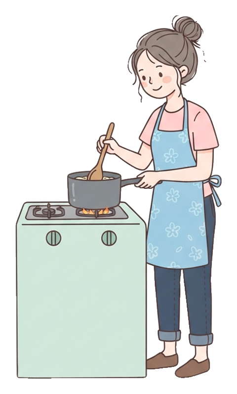 Simple cute flat cartoon illustration with soft pastel colors and thin clean dark outlines of a young woman, person cooking at a stove stirring a pot, wearing an apron, transparent background PNG