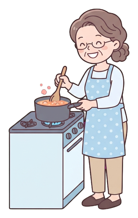 Simple cute flat cartoon illustration with soft pastel colors and thin clean dark outlines of a middle-aged woman, person cooking at a stove stirring a pot, wearing an apron, transparent background PNG
