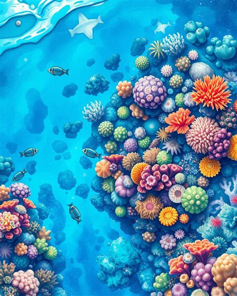 Watercolor illustration of A colorful underwater marine ecosystem teeming with vibrant coral formations and crystal clear turquoise water., high-angle view from above, cool blue tones, quiet atmosphere, 4:5 aspect ratio