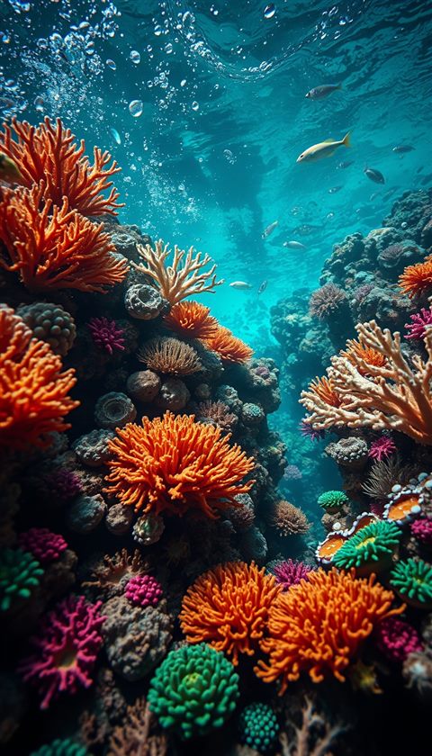Photorealistic photo of A colorful underwater marine ecosystem teeming with vibrant coral formations and crystal clear turquoise water., close-up detail with shallow depth of field, moody dark tones, dramatic lighting, 9:16 aspect ratio