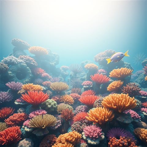 Soft 3D render of A colorful underwater marine ecosystem teeming with vibrant coral formations and crystal clear turquoise water., wide shot with open space at the top for text, misty morning haze, dreamy, 1:1 aspect ratio