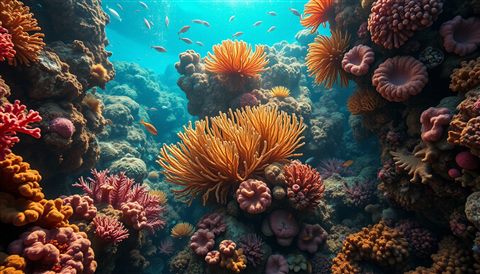 Photorealistic photo of A colorful underwater marine ecosystem teeming with vibrant coral formations and crystal clear turquoise water., centered subject with a simple uncluttered composition, warm golden light, calm mood, 16:9 aspect ratio