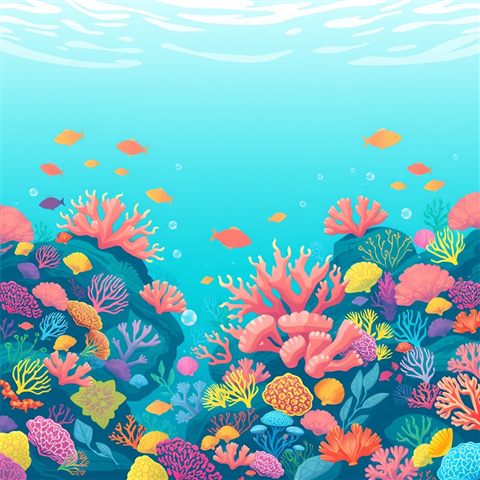 Minimal flat illustration of A colorful underwater marine ecosystem teeming with vibrant coral formations and crystal clear turquoise water., wide shot with open space at the top for text, soft pastel colors, bright and cozy, 1:1 aspect ratio