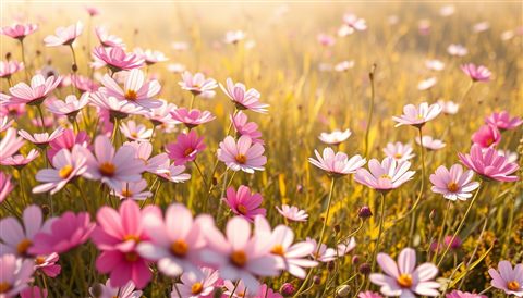 Soft 3D render of Pink and white cosmos flowers swaying gently in a sunny autumn field, high-angle view from above, misty morning haze, dreamy, 16:9 aspect ratio