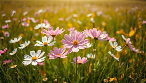 Cinematic film still of Pink and white cosmos flowers swaying gently in a sunny autumn field, centered subject with a simple uncluttered composition, vivid colors, high contrast, energetic, 16:9 aspect ratio