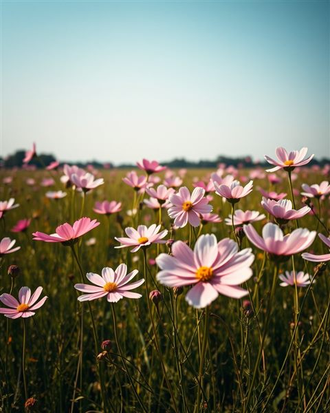 Photorealistic photo of Pink and white cosmos flowers swaying gently in a sunny autumn field, wide shot with open space at the top for text, moody dark tones, dramatic lighting, 4:5 aspect ratio