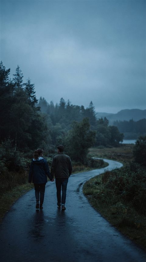 Cinematic film still of a young fictional couple walking together seen from behind, wide shot with open space at the top for text, cool blue tones, quiet atmosphere, 9:16 aspect ratio