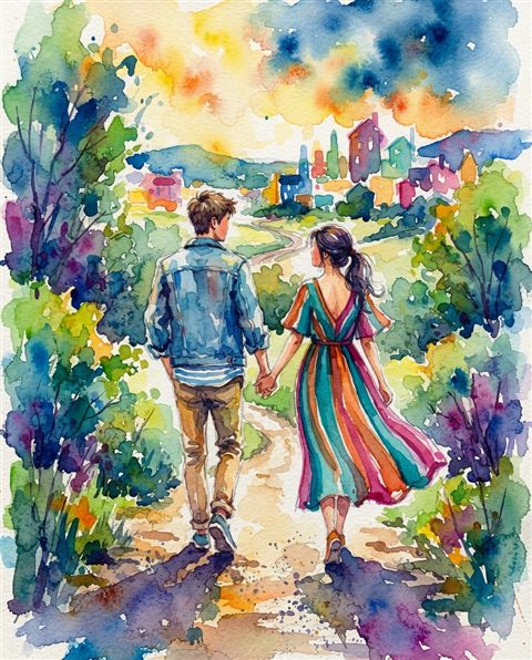 Watercolor illustration of a young fictional couple walking together seen from behind, centered subject with a simple uncluttered composition, vivid colors, high contrast, energetic, 4:5 aspect ratio