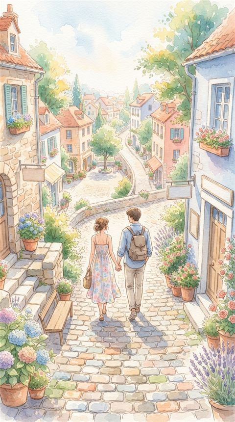 Watercolor illustration of a young fictional couple walking together seen from behind, high-angle view from above, soft pastel colors, bright and cozy, 9:16 aspect ratio