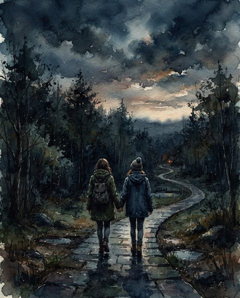 Watercolor illustration of a young fictional couple walking together seen from behind, wide shot with open space at the top for text, moody dark tones, dramatic lighting, 4:5 aspect ratio