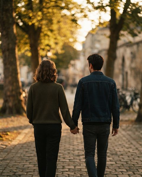 Cinematic film still of a young fictional couple walking together seen from behind, close-up detail with shallow depth of field, warm golden light, calm mood, 4:5 aspect ratio