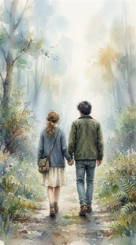 Watercolor illustration of a young fictional couple walking together seen from behind, close-up detail with shallow depth of field, misty morning haze, dreamy, 9:16 aspect ratio