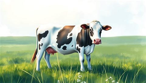 Watercolor illustration of A gentle dairy cow grazing peacefully in a lush green pasture under a sunny sky., wide shot with open space at the top for text, cool blue tones, quiet atmosphere, 16:9 aspect ratio