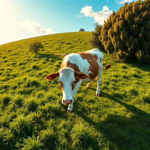 Photorealistic photo of A gentle dairy cow grazing peacefully in a lush green pasture under a sunny sky., high-angle view from above, warm golden light, calm mood, 1:1 aspect ratio