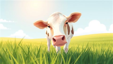 Minimal flat illustration of A gentle dairy cow grazing peacefully in a lush green pasture under a sunny sky., close-up detail with shallow depth of field, soft pastel colors, bright and cozy, 16:9 aspect ratio