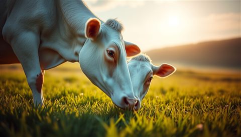 Soft 3D render of A gentle dairy cow grazing peacefully in a lush green pasture under a sunny sky., close-up detail with shallow depth of field, misty morning haze, dreamy, 16:9 aspect ratio