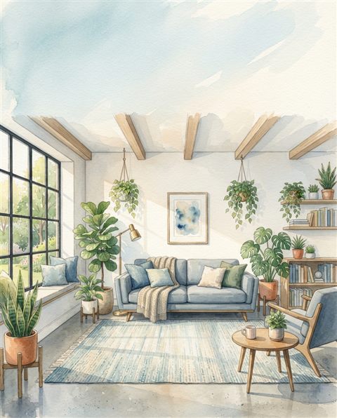 Watercolor illustration of a warm and modern living room filled with sunlight and green plants, wide shot with open space at the top for text, cool blue tones, quiet atmosphere, 4:5 aspect ratio