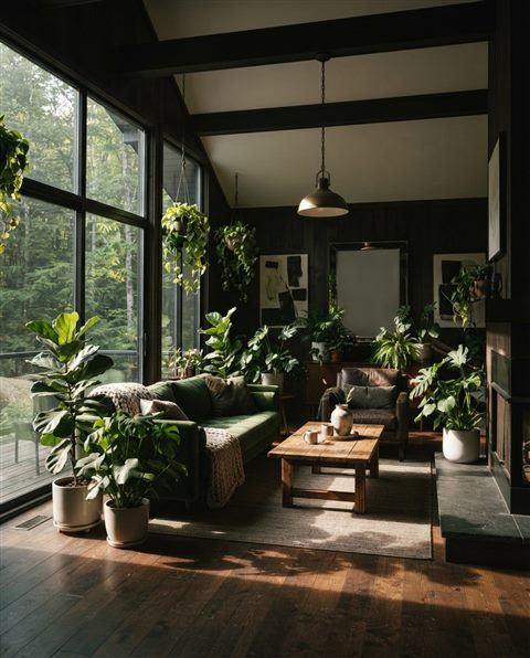 Photorealistic photo of a warm and modern living room filled with sunlight and green plants, wide shot with open space at the top for text, moody dark tones, dramatic lighting, 4:5 aspect ratio
