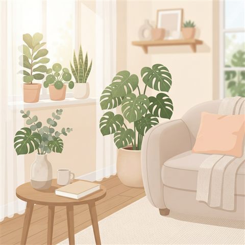 Minimal flat illustration of a warm and modern living room filled with sunlight and green plants, close-up detail with shallow depth of field, soft pastel colors, bright and cozy, 1:1 aspect ratio