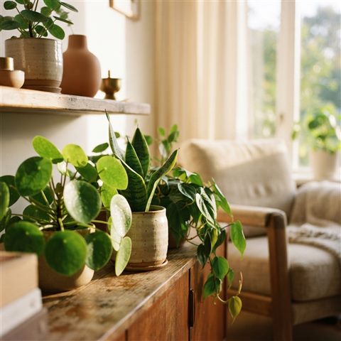 Photorealistic photo of a warm and modern living room filled with sunlight and green plants, close-up detail with shallow depth of field, warm golden light, calm mood, 1:1 aspect ratio