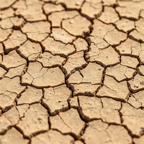 Minimal flat illustration of Dry, heavily cracked mud ground forming an abstract geometric pattern under bright daylight, close-up detail with shallow depth of field, soft pastel colors, bright and cozy, 1:1 aspect ratio
