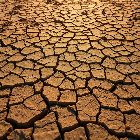 Photorealistic photo of Dry, heavily cracked mud ground forming an abstract geometric pattern under bright daylight, close-up detail with shallow depth of field, warm golden light, calm mood, 1:1 aspect ratio