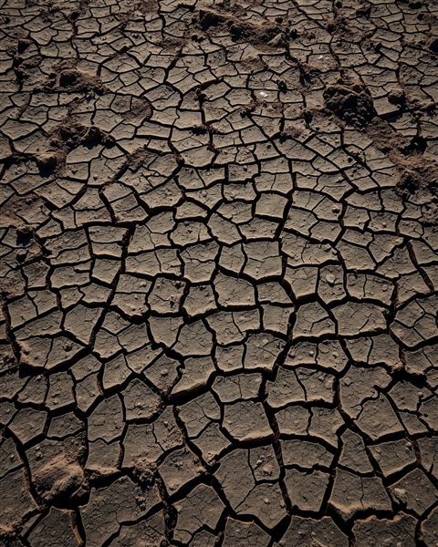 Photorealistic photo of Dry, heavily cracked mud ground forming an abstract geometric pattern under bright daylight, wide shot with open space at the top for text, moody dark tones, dramatic lighting, 4:5 aspect ratio