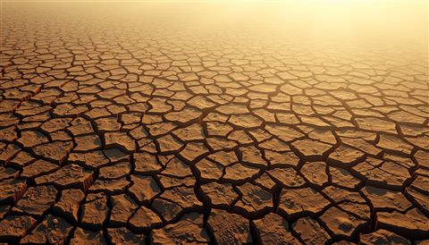 Soft 3D render of Dry, heavily cracked mud ground forming an abstract geometric pattern under bright daylight, high-angle view from above, misty morning haze, dreamy, 16:9 aspect ratio