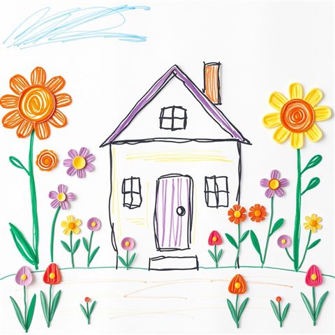 Minimal flat illustration of A whimsical children's drawing of a house and flowers made with colorful textured crayons, wide shot with open space at the top for text, soft pastel colors, bright and cozy, 1:1 aspect ratio