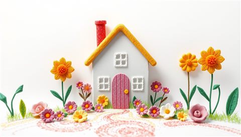 Soft 3D render of A whimsical children's drawing of a house and flowers made with colorful textured crayons, centered subject with a simple uncluttered composition, misty morning haze, dreamy, 16:9 aspect ratio