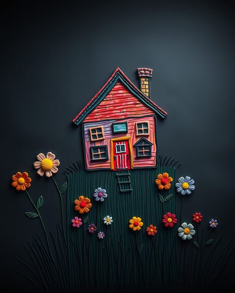 Photorealistic photo of A whimsical children's drawing of a house and flowers made with colorful textured crayons, high-angle view from above, moody dark tones, dramatic lighting, 4:5 aspect ratio