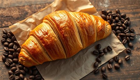 Photorealistic photo of A freshly baked golden croissant with flaky layers resting on rustic parchment paper next to coffee beans., high-angle view from above, warm golden light, calm mood, 16:9 aspect ratio