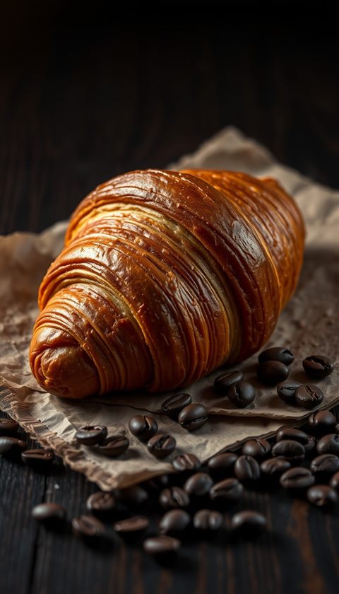 Photorealistic photo of A freshly baked golden croissant with flaky layers resting on rustic parchment paper next to coffee beans., centered subject with a simple uncluttered composition, moody dark tones, dramatic lighting, 9:16 aspect ratio