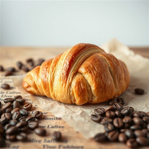 Minimal flat illustration of A freshly baked golden croissant with flaky layers resting on rustic parchment paper next to coffee beans., close-up detail with shallow depth of field, soft pastel colors, bright and cozy, 1:1 aspect ratio