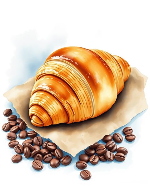 Watercolor illustration of A freshly baked golden croissant with flaky layers resting on rustic parchment paper next to coffee beans., wide shot with open space at the top for text, cool blue tones, quiet atmosphere, 4:5 aspect ratio