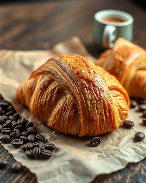 Cinematic film still of A freshly baked golden croissant with flaky layers resting on rustic parchment paper next to coffee beans., wide shot with open space at the top for text, vivid colors, high contrast, energetic, 4:5 aspect ratio