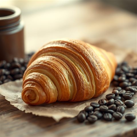 Soft 3D render of A freshly baked golden croissant with flaky layers resting on rustic parchment paper next to coffee beans., close-up detail with shallow depth of field, misty morning haze, dreamy, 1:1 aspect ratio