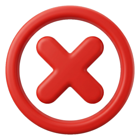 X 표시, 원 안의 빨간 X, 부드러운 3D 렌더링, 투명 배경(누끼) PNG