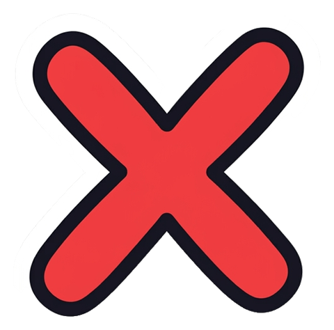 Cute sticker style with a thick dark outline of a cross mark symbol, transparent background PNG