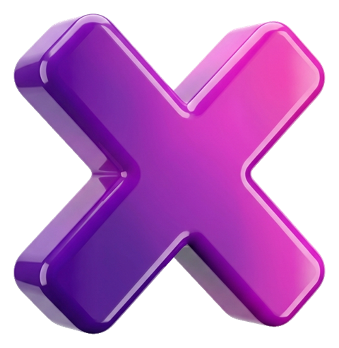 Glossy 3D render, purple and pink gradient of a cross mark symbol, transparent background PNG