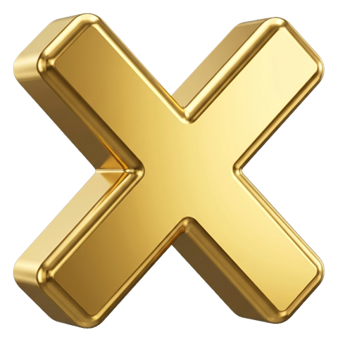 Shiny 3D render, gold metallic finish of a cross mark symbol, transparent background PNG