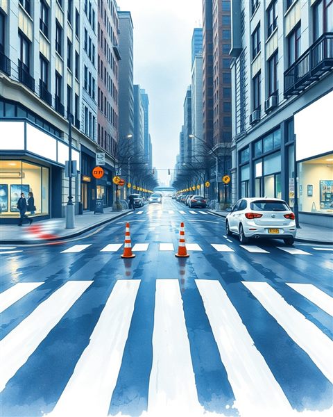 Watercolor illustration of A clean white striped crosswalk on a wet asphalt city street reflecting city lights, wide shot with open space at the top for text, cool blue tones, quiet atmosphere, 4:5 aspect ratio