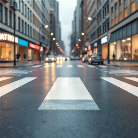 Minimal flat illustration of A clean white striped crosswalk on a wet asphalt city street reflecting city lights, close-up detail with shallow depth of field, soft pastel colors, bright and cozy, 1:1 aspect ratio
